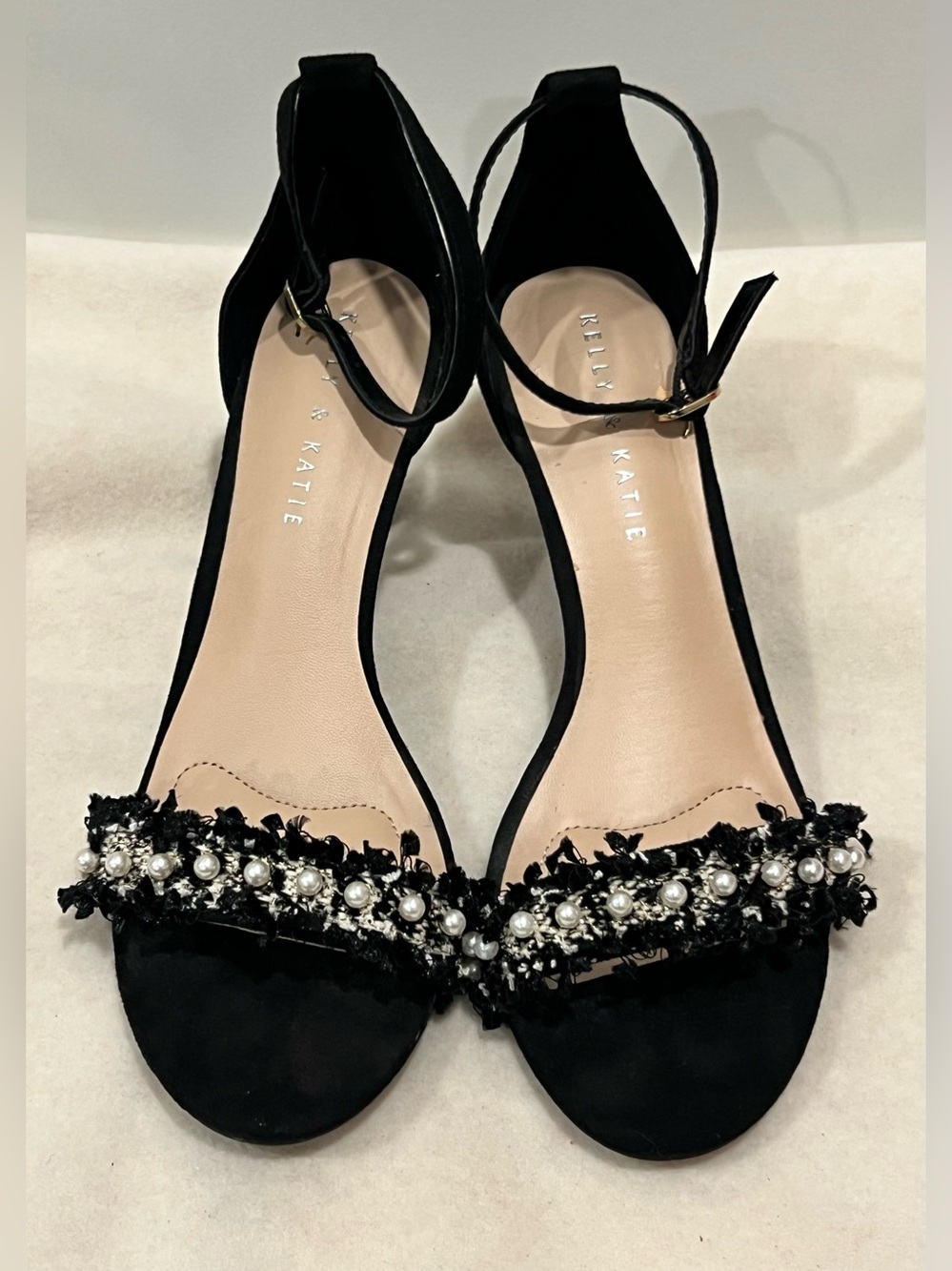 Kelly & Katie Women’s Black Open-Toe Pearl & Crystal Ankle-Strap Heels Size 8 - Picture 3 of 11